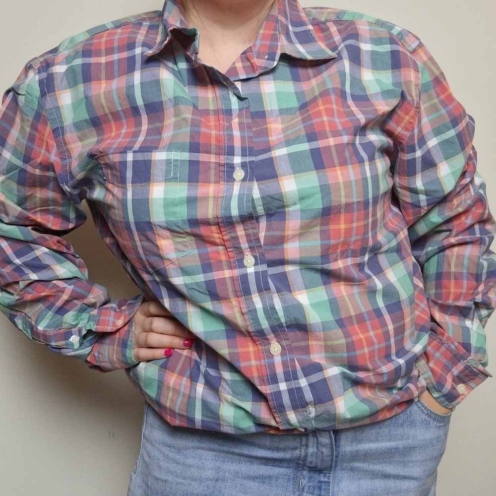 Gap Factory Pink Green and Blue Plaid Classic Fit Button Up Shirt Size Large